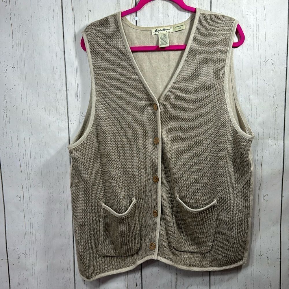 Vintage Eddie Bauer 100% Linen Knit Button Front Vest L Quiet Luxury Preppy L